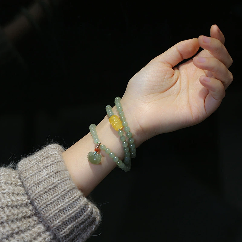 TerraDharma "Divine Wealth Infusion & Harmonious Abundance" Natural Hetian Jade Bracelet (with Amber Pi Yao and Hetian Jade Crab Pendant)
