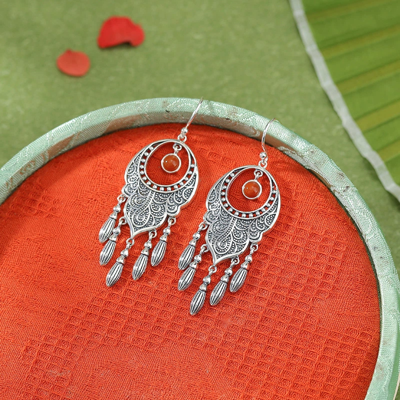 Retro pattern tassel earrings (with Natural Hetian Jade / Southern Red Agate)