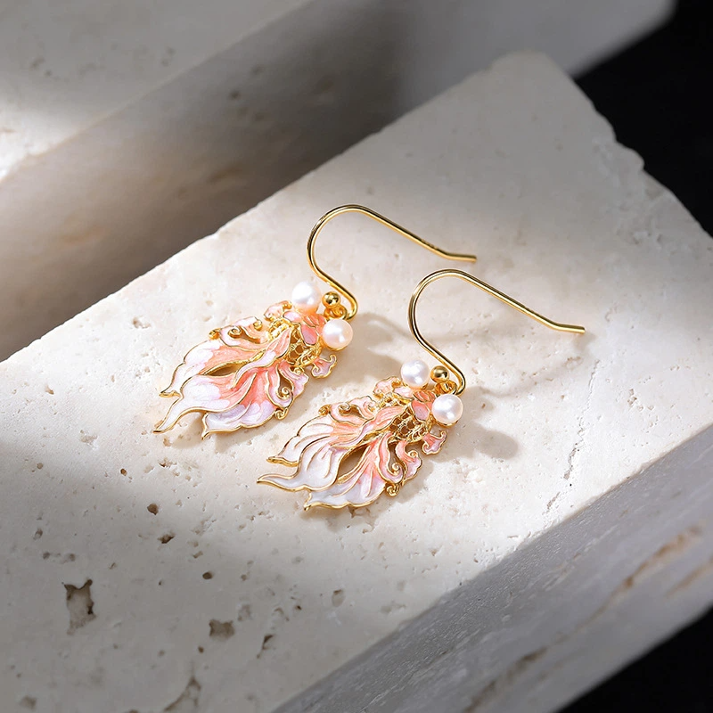 Freshwater Pearl with Pink Enamel Koi Earrings
