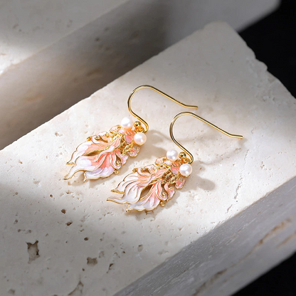 Freshwater Pearl with Pink Enamel Koi Earrings