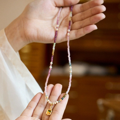 Natural Rainbow Tourmaline Necklace (with Zhaki Lamu Thangka & Freshwater Pearls)
