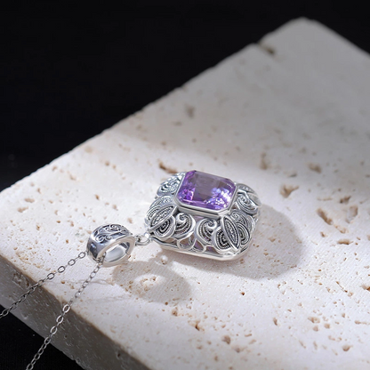 Amethyst & Scroll Pattern Rhombus Silver Pendant Nacklace