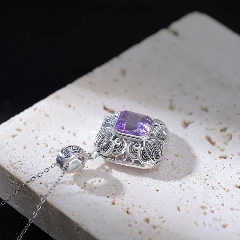 TerraDharma "Vitality Unfolding & Divine Wisdom" Amethyst & Scroll Pattern Rhombus Silver Pendant Nacklace
