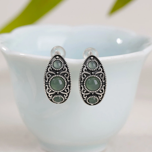Blue Water Jadeite & Silver Scroll (Tang - Grass) Pattern Earrings