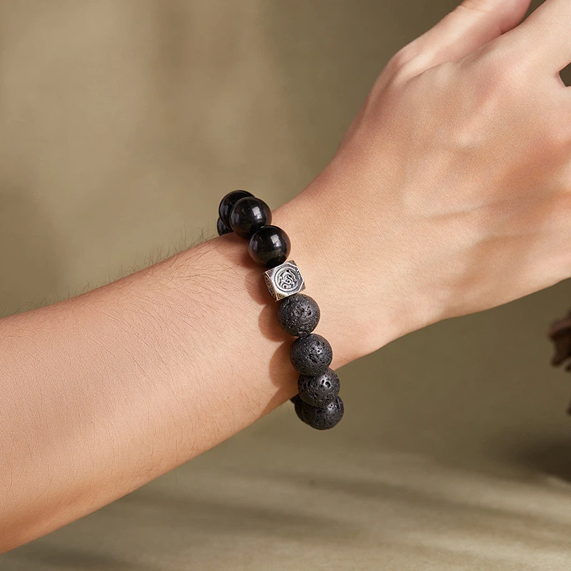 TerraDharma "Unshakable Luck & Spiritual Healing" Volcanic Stone & Silver Obsidian Beaded Bracelet