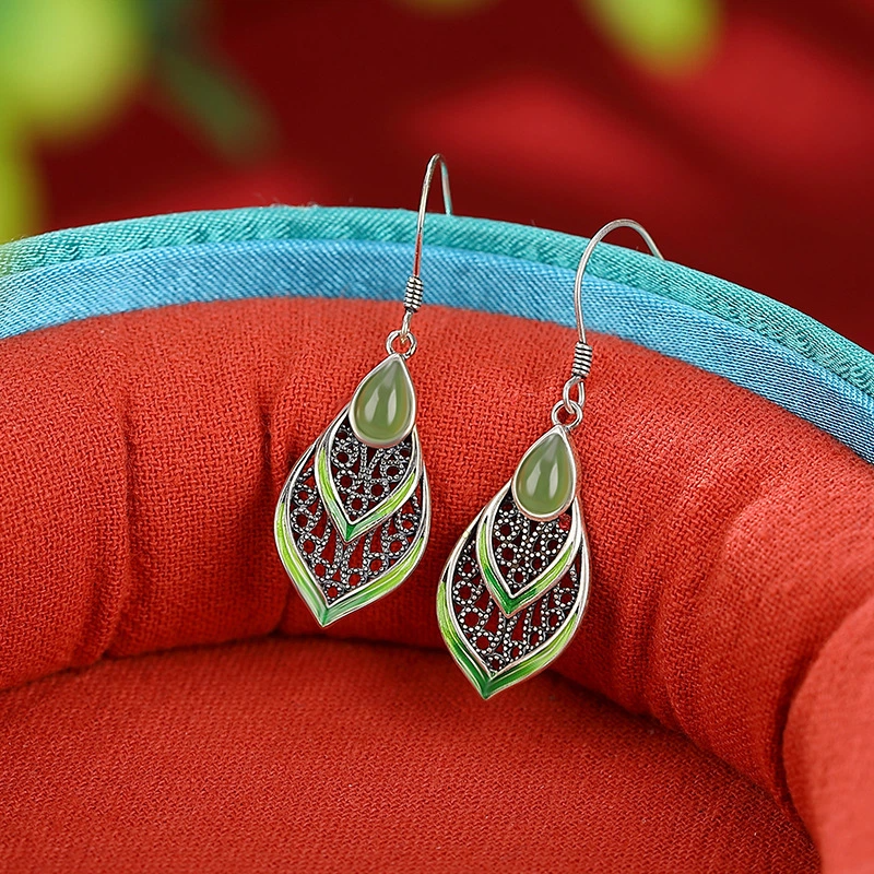 Waterdrop-shaped Hetian Jade & Hollowed-out Cloisonné Leaf Silver Earrings