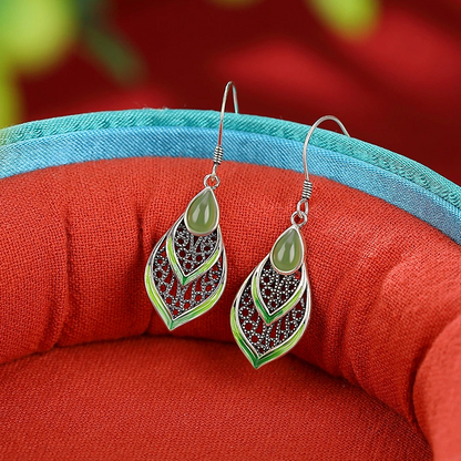 Waterdrop-shaped Hetian Jade & Hollowed-out Cloisonné Leaf Silver Earrings
