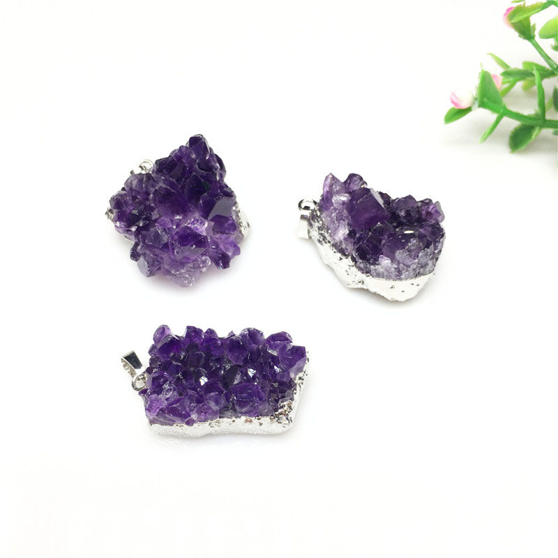 Terra Dharma Natural Raw Amethyst Pendant Necklace, Gold / Silver Amethyst Druzy Quartz, Natural Amethyst Crystal Cluster Pendant with Gold / Silver Plated - TerraDharma