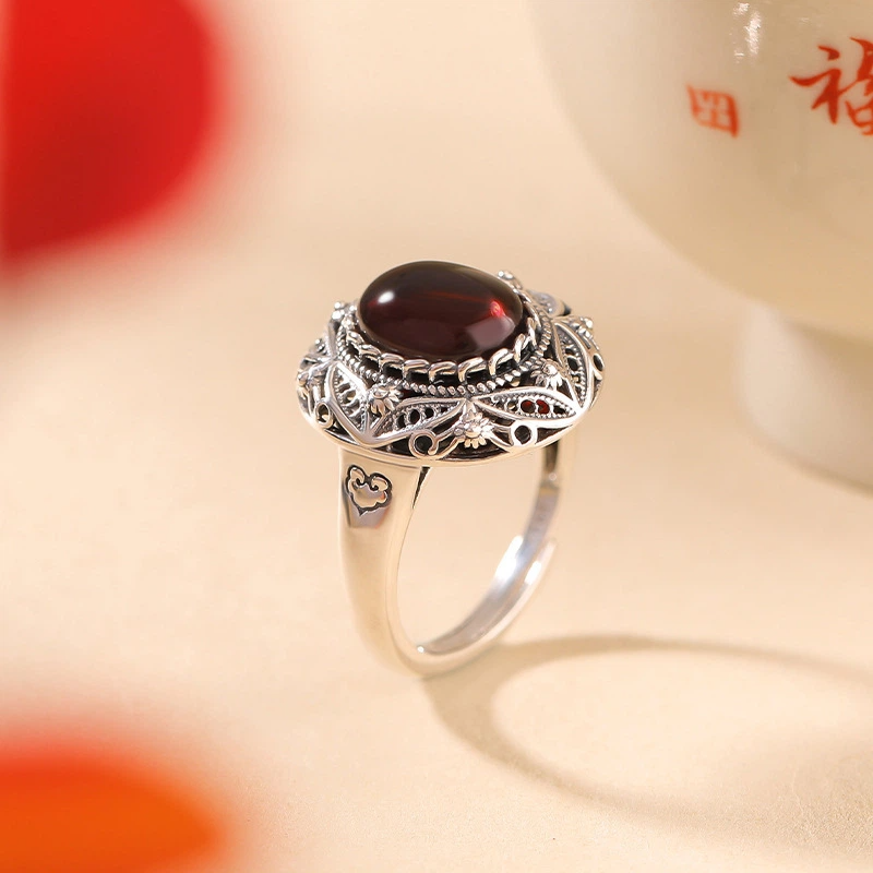 Blood Amber with Retro and Hollowed-out Designed Little Daisy Ring & Earrings (Two-piece Set, Sterling Silver)
