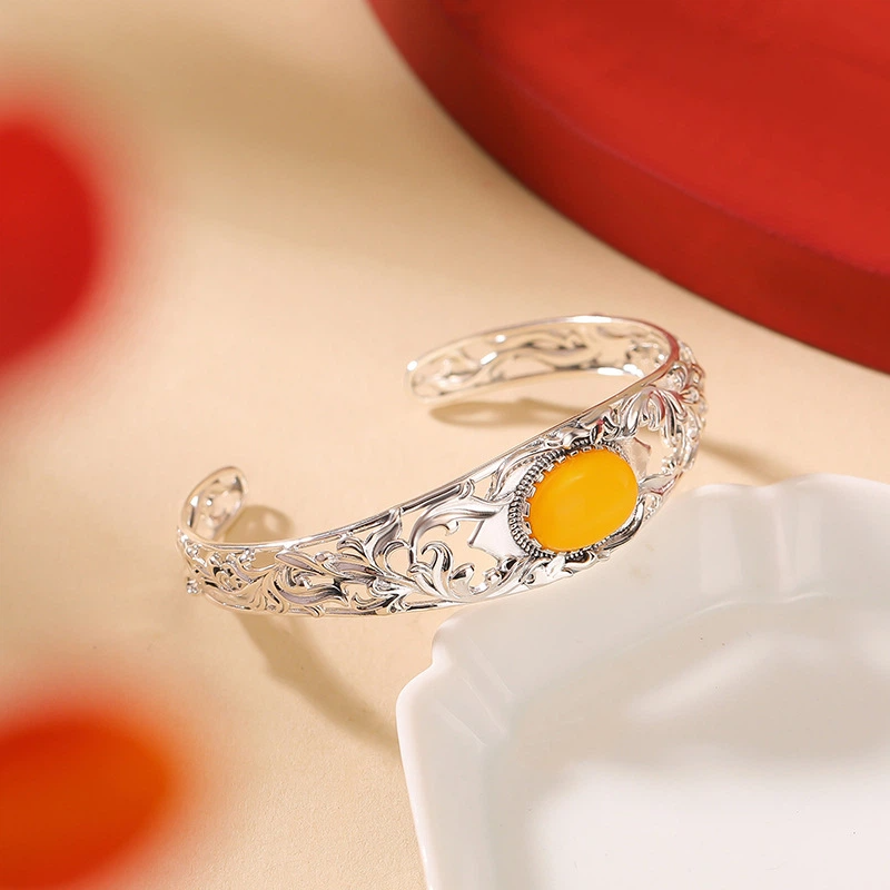 TerraDharma "Positivity Infusion & Abundance Attraction" Amber Silver Bracelet with Scroll / Pomegranate Patterns