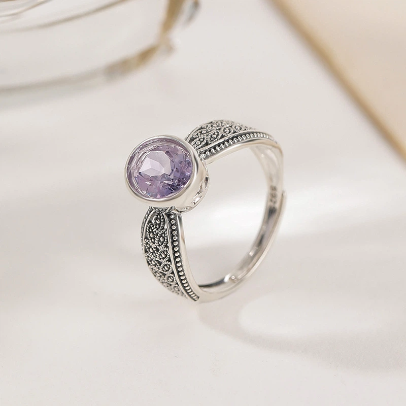 Citrine/Amethyst & Silver Wheat Ear Pattern Open Ring