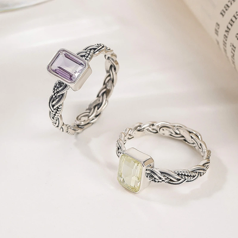 Retro Open Ring with Citrine/Amethyst and Silver Weaving Pattern