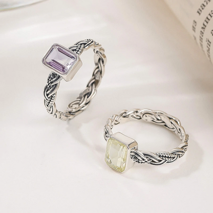 Retro Open Ring with Citrine/Amethyst and Silver Weaving Pattern