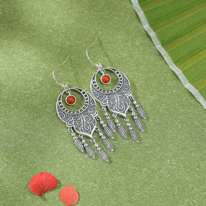 Retro pattern tassel earrings (with Natural Hetian Jade / Southern Red Agate)