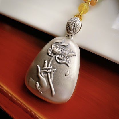 Agarwood Necklace with Sterling Silver Pendant (Matched with The Heart Sutra)