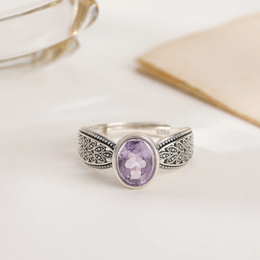 Citrine/Amethyst & Silver Wheat Ear Pattern Open Ring