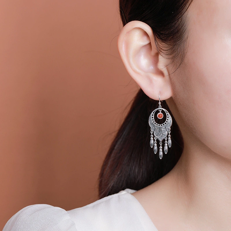 Retro pattern tassel earrings (with Natural Hetian Jade / Southern Red Agate)