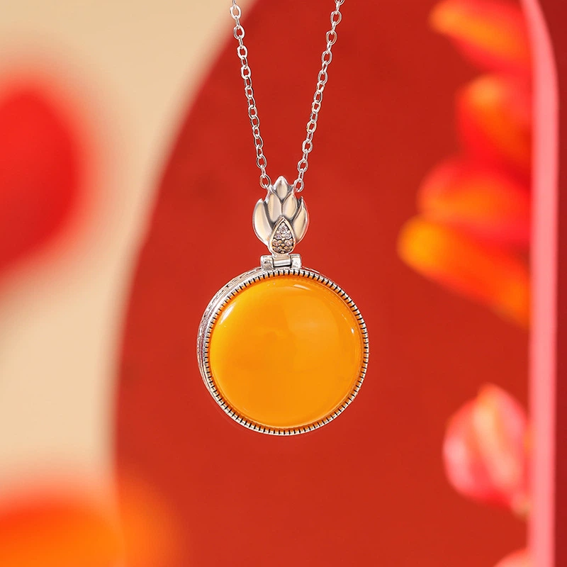 TerraDharma "Timeless Fortune & Resilient Growth" Hollowed-out Pendant Nacklace of Nature Amber / Blood Amber