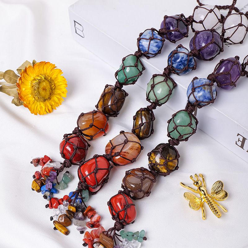 7 Chakra Tumbled Stone Car Hanger With Chips Tassel, Healing Crystals Hanging Ornament - Car and Home Decor - TerraDharma