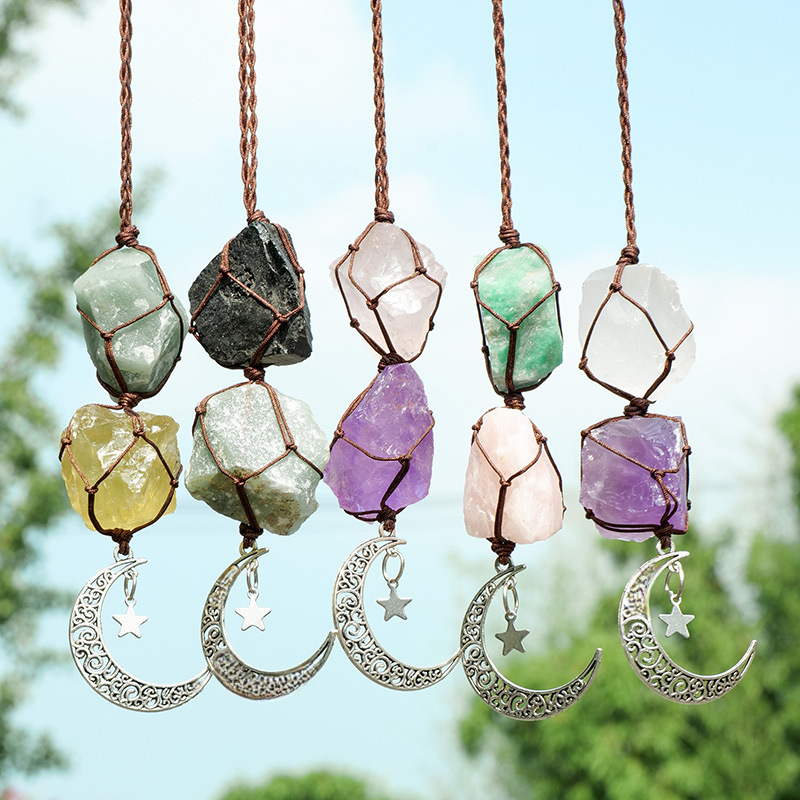 Hanging Car Charm Dangling Moon, Healing Crystal Accessories, Rearview Mirror Decorations - Grounding, Confidence, Protection, Love, Energy - TerraDharma