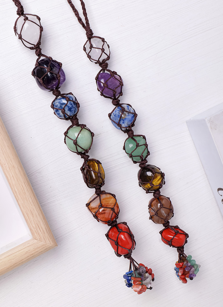 7 Chakra Tumbled Stone Car Hanger With Chips Tassel, Healing Crystals Hanging Ornament - Car and Home Decor - TerraDharma