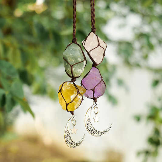 Hanging Car Charm Dangling Moon, Healing Crystal Accessories, Rearview Mirror Decorations - Grounding, Confidence, Protection, Love, Energy - TerraDharma