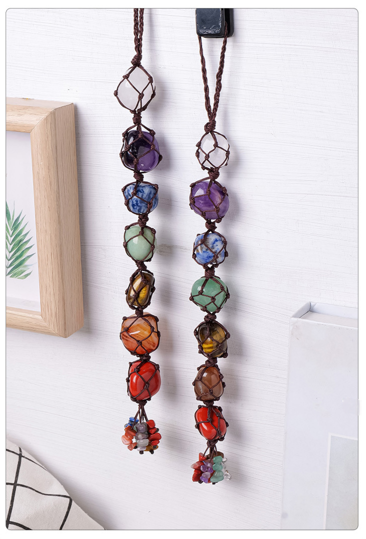 7 Chakra Tumbled Stone Car Hanger With Chips Tassel, Healing Crystals Hanging Ornament - Car and Home Decor - TerraDharma