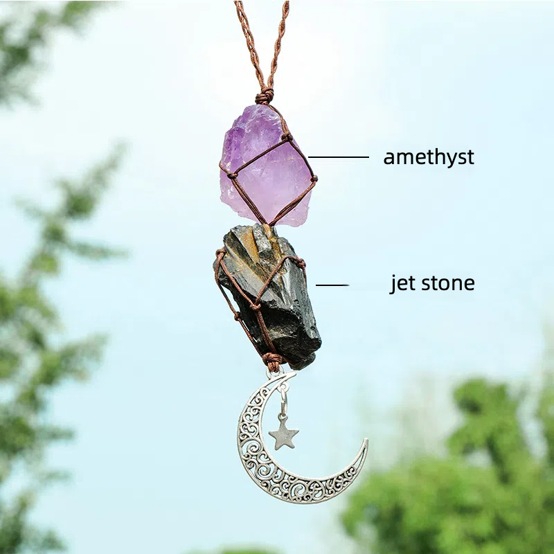 Hanging Car Charm Dangling Moon, Healing Crystal Accessories, Rearview Mirror Decorations - Grounding, Confidence, Protection, Love, Energy - TerraDharma