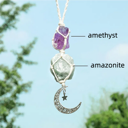 Hanging Car Charm Dangling Moon, Healing Crystal Accessories, Rearview Mirror Decorations - Grounding, Confidence, Protection, Love, Energy - TerraDharma