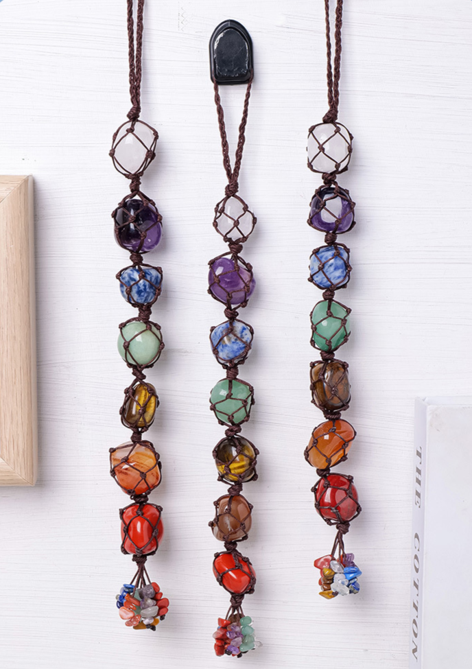 7 Chakra Tumbled Stone Car Hanger With Chips Tassel, Healing Crystals Hanging Ornament - Car and Home Decor - TerraDharma