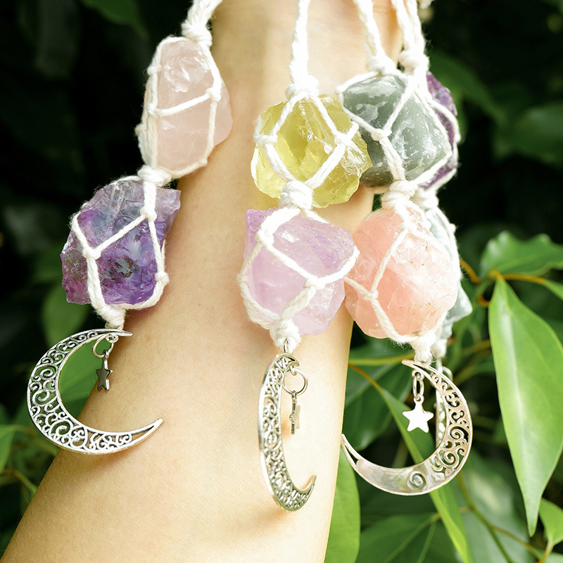 Hanging Car Charm Dangling Moon, Healing Crystal Accessories, Rearview Mirror Decorations - Grounding, Confidence, Protection, Love, Energy - TerraDharma