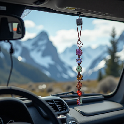 7 Chakra Tumbled Stone Car Hanger With Chips Tassel, Healing Crystals Hanging Ornament - Car and Home Decor - TerraDharma
